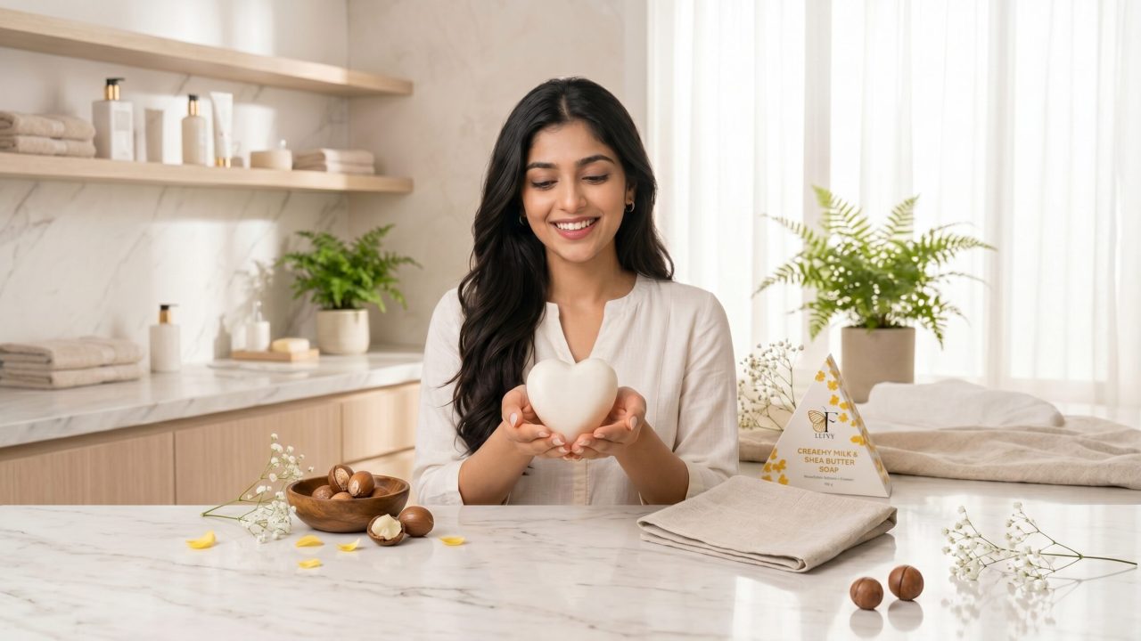 Smiling young woman holding a heart-shaped soap in a bright spa-inspired setting with FLYVY Creamy Milk & Shea Butter Soap packaging on a marble table.